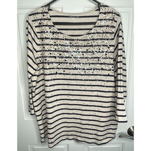 Coldwater Creek Women's 3/4 Sleeve Striped Top Casual Sequins 1X Plus